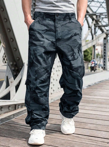 Manfinity EMRG Men's Camouflage Printed Loose Straight Wide Leg Pants With Pockets,Camo Pants