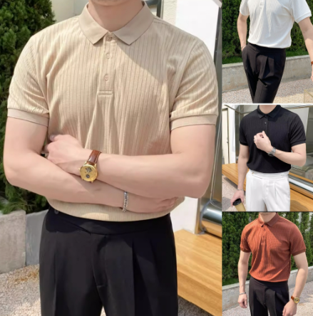 New Pit Striped Silk Knitted Polo Shirt Tide Brand Summer Top Trend Lapel Men's T-Shirt
