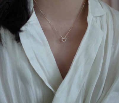 Silver Plated 14K Gold Necklace Female Full Diamond Hollow Heart-Shaped