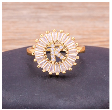Initial 26 Alphabet Adjustable Size Gold Color Zircon A-Z Letter Ring Statement Name Jewelry K