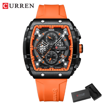CURREN Original Brand Men's Watch Multifunctional Timing Luminous Silicone Waterproof Fashion Business Sports Quartz 8442 ORANGE
