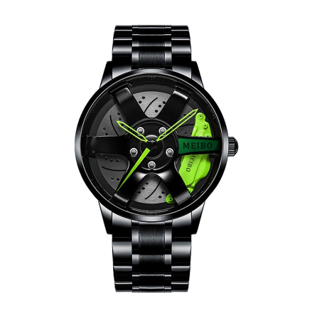 Creative Wheel Dial Men Sports Watch Black Stainless Steel Band Male Quartz Wristwatches GREEN