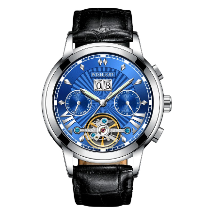 WISHDOIT Watch For Men Original Waterproof Leather Strap Business Fashion Luminous Automatic Mechanical Wristwatch SILVER BLUE