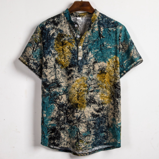 Summer Men Polo Shirt Short Sleeve Shirts Printed Tie Dye Shirts Casual Beachwear Hawaii Loose Linen Ethnic Style Shirt Floral Fashion Shirt Crop Tops