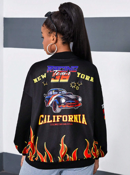 SHEIN Teen Girls Fire Flames Race Car Printed Oversized Casual Baseball Jacket Coat, Fall