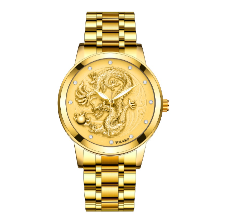 Fashion Men's Full Steel 3D Engraving Gold Dragon Quartz Waterproof Watch Men's Watch GOLD