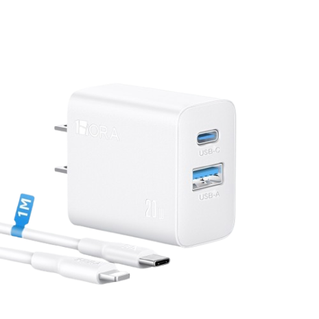 1HORA 2 Ports Type-C Charger FOR iPHONE Fast Charging Set QC 3.0 Adaptor PD 20Watts Charger Compatible with iPhone 6/ 7 / 8/ X/ XR/ 11