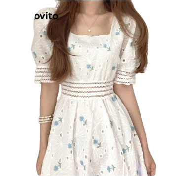 Lovito Women Casual Ditsy Floral Fabric Stitching Lace Square Neck Dress LNE39224 (White)