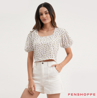 Penshoppe Relaxed Fit Floral Puff Sleeve Blouse For Women Lilac