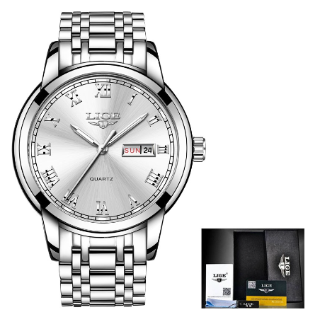 LIGE Watch For Couple Original Waterproof Stainless Steel Silver/Gold Fashion Business Trend Calendar Luminous Watches STEEL SILVER WHITE