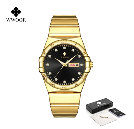 Wwoor Top Brand Luxury Stainless Steel Quartz Men's Watches Waterproof Men Wristwatches BLACK DIAL GOLD CASE STRAP