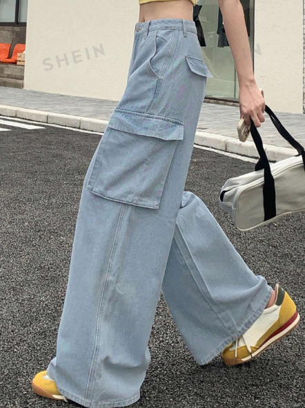 FRIFUL Women's Solid Color Simple Style Daily Wear Denim Pants With Pockets
