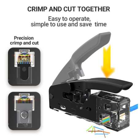 Ampcom Rj45 Crimper Cat7 Crimping Tool For Pass Through Rj11 Rj45 Connector Cat6 Cat5E Modular Plugs With Wire Stripper Cutter