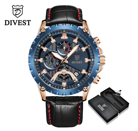 DIVEST Men's Watches Original Brand Luxury Casual Fashion Quartz Chronograph Men Watch Male Military Waterproof 9031 ROSEGOLD BLUE