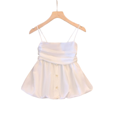 Lovito Women Casual Plain Pearls Button Front Ruched Tank Top LNE30053 (White)
