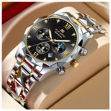 VA VA VOOM Men's Watch Stainless Steel Sports Multifunctional Clock Blue Gradual Gold Rhinestone Business Quartz Watch GOLD SILVER BLACK