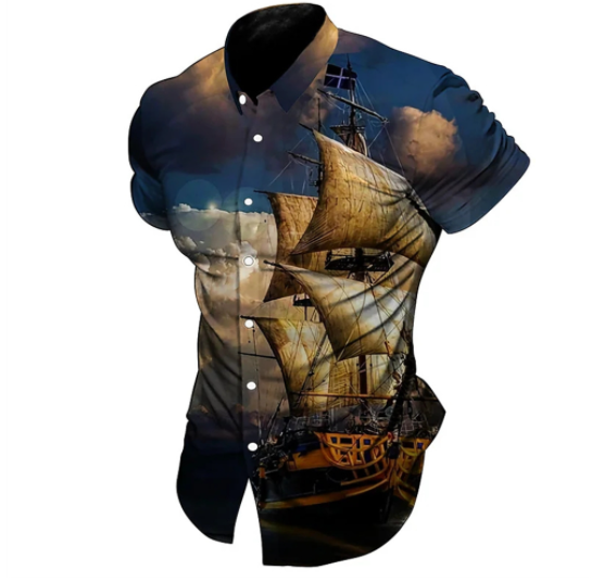 Men's Summer Fashion Shirts Casual Beach Party Lightning Printed Male Shirts Polyester Fibre Material Short Sleeve