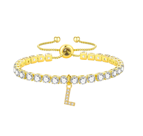 Vnox Cubic Zircon Letter Bracelet for Women Girl,18K Gold Handmade Initial Tennis Shiny Wedding Chain Link Jewelry Gift L