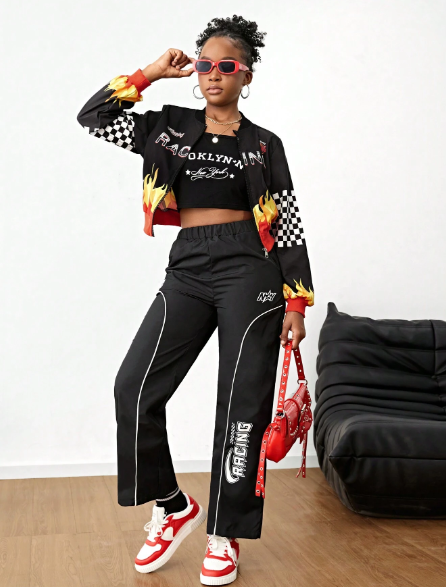 SHEIN Streecool Kids Teen Girl Spring/Fall Loose Fit Flame Print Baseball Jacket And Pants Casual Outfit