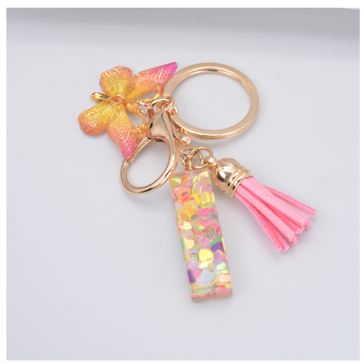 Exquisite 26 Letter Resin Keychain with Pink Tassel Gradient Butterfly Pendant Key Ring Women Bag Ornaments Accessories I