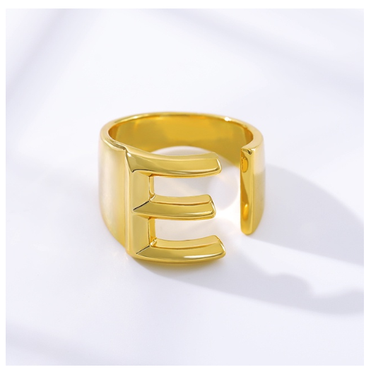 Maxzone Fashion Adjustable Open Gold Initial Rings For Women Stainless Steel A-Z Letter Ring Ladies Meaningful Wedding Jewelry Gift E