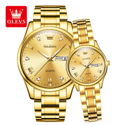 Olevs Couple Watch For Men And Women Original Waterproof Stainless Business Quartz Fashion Luminous Wrist Watch ALL GOLD