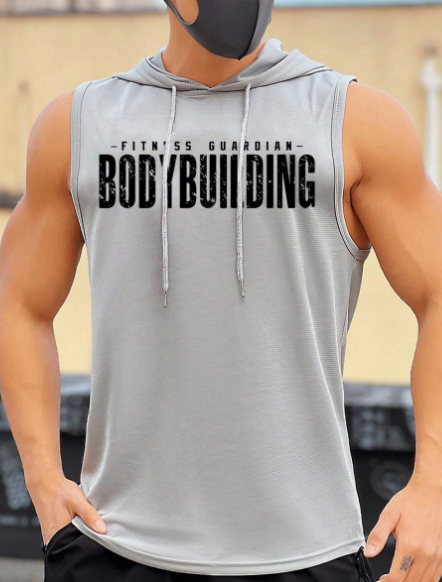 Manfinity Fitness Men Letter Graphic Drawstring Hooded Tank Top Workout Tops