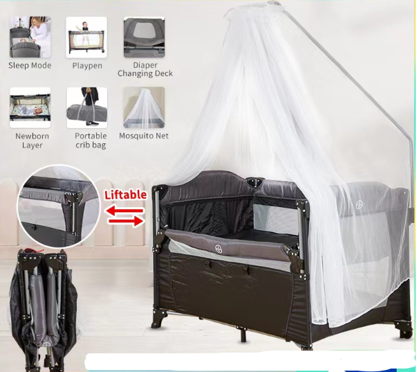 Baby Crib with Mosquito Net Multifunctional Mobile Liftable 2 Layer Stitching Big Bed Baby Shaker