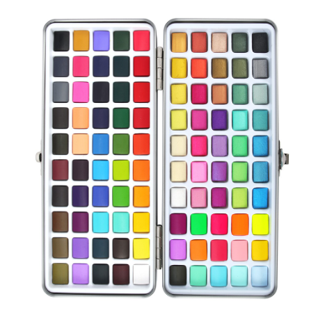 SeamiArt 100 Colors Solid Watercolor Tin-box Set Basic Metallic Shimmer Fluorescence Colors