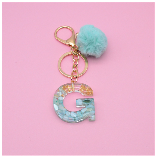 Cute Keyring Green Pompom Fur Ball 26 Letter Keychain Resin Key Chains Handbag Charms For Woman Ornaments Accessories Gift G