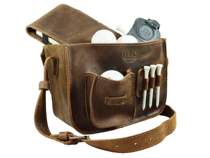 Hide & Drink, Leather Golf Pouch, Shoulder Bag, Ball & Tees Organizer, Sports & Outdoors Accessories, Handmade Includes 101 Year Warranty :: Bourbon Brown