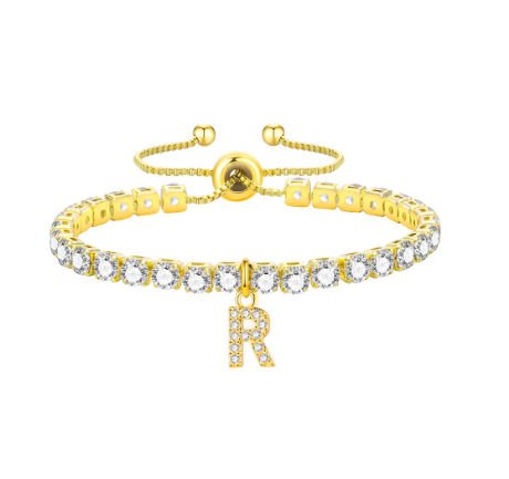 Vnox Cubic Zircon Letter Bracelet for Women Girl,18K Gold Handmade Initial Tennis Shiny Wedding Chain Link Jewelry Gift R