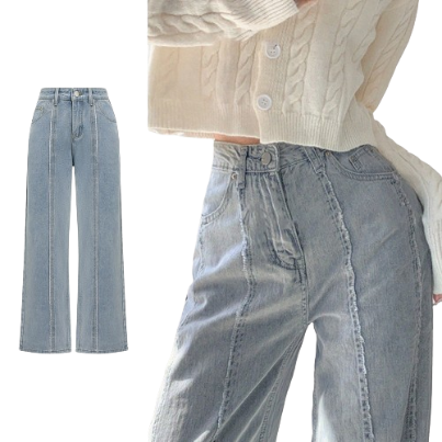 ovito Women Casual Plain Raw Hem Washed Structure Line Jeans L65ED091 (Light Blue)