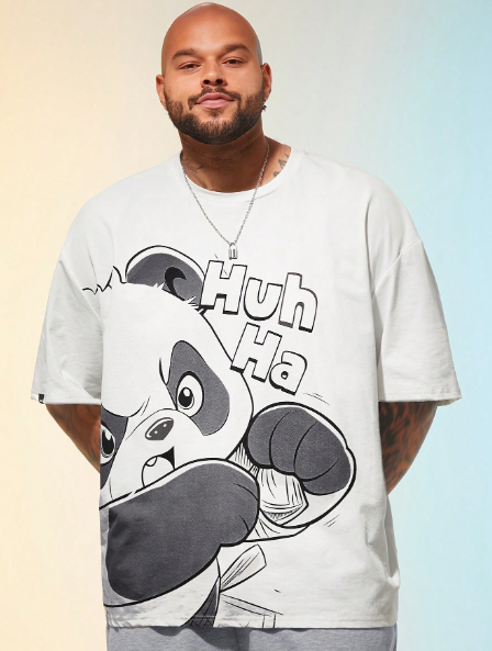 Manfinity CozeMod Men's Plus Size Knitted Casual Loose Drop Shoulder Panda Pattern Round Neck Short Sleeve T-Shirt, Suitable For Summer And Daily Wear