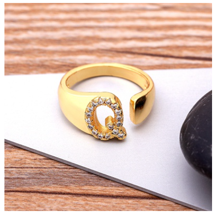 Fashion Chunky Wide Hollow A-Z Letter Gold Color Opening Ring Initials Name Alphabet Female Jewelry Q