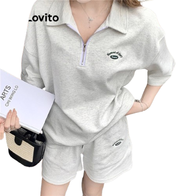 Lovito Casual Letter Zipper Cropped Short Sleeves Shorts Sets for Women LNE05193 (Grey)