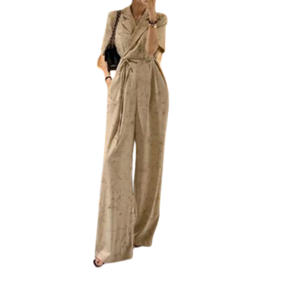 Lovito Women Casual Plain Lace Up Fake Pocket Jumpsuit LNE36095 (Light Khaki