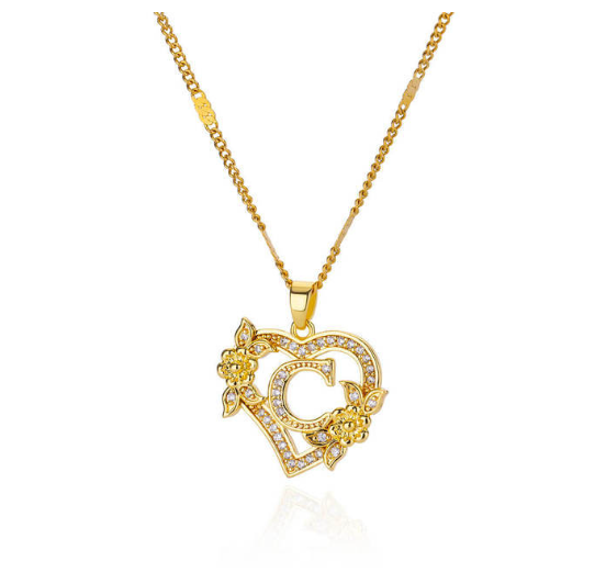 Zircon Stainless Steel Heart Flower Letter Necklaces For Women Gold Color A-Z Letter Heart Necklace C