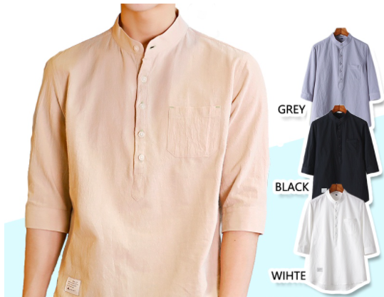 Men Cotton Linen Chinese Collar 4/3 Sleeve Shirt Stand Casual Polo