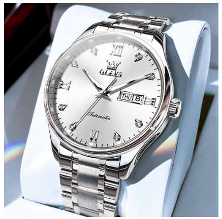 Olevs Men's Automatic Stainless Steel Watch WHITE DIAL SILVER CASE STRAP
