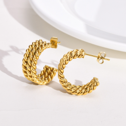 14K Gold Plated Triple Twist Earrings for Women Hypoallergenic Stainless Steel Stud Earring