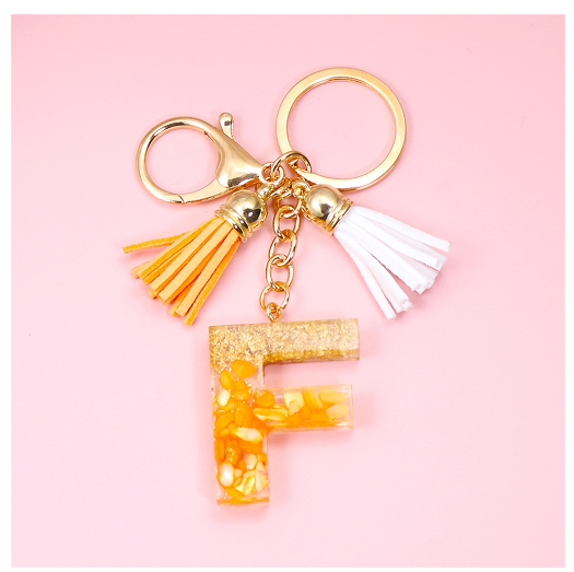 Tassel Gold Foil A-Z 26 Letter Pendent Keychain for Women Orange Resin Keyrings Girls Bag Ornamant Accessories Charms Gifts F