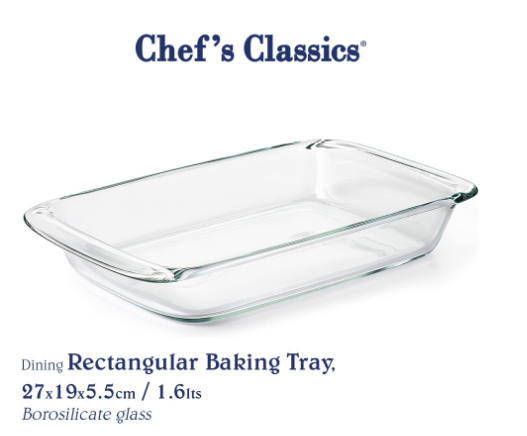 Chef's Classics Dining Glass Rectangular Baking Tray, 27x19x5.5cm / 1.6lts