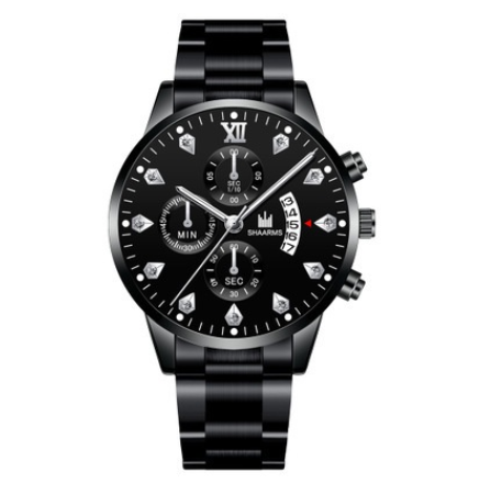 Men's Watch Men's Three Eyes Business Quartz Analog Stainless Steel Watch BLACK SILVER