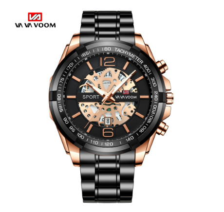 VA VA VOOM Men's Waterproof Luminous Hollow Non-mechanical Luxury Stainless Steel Watch Original Quartz Watch ROSEGOLD