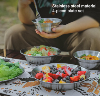 Camping Plates and Bowls Set Brushed Metal Camping Plates Reusable Round Dinner Plates for Kitchen Hiking Beach