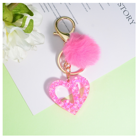 Pink Heart A-Z 26 Initials Keychain With Furball Fashion Letter Resin Keyring For Women Bag Ornaments Car Key Accessories Gifts J