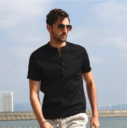 HUILISHI Chinese Collar Men's Short Sleeved Cotton Shirt Polo Shirt