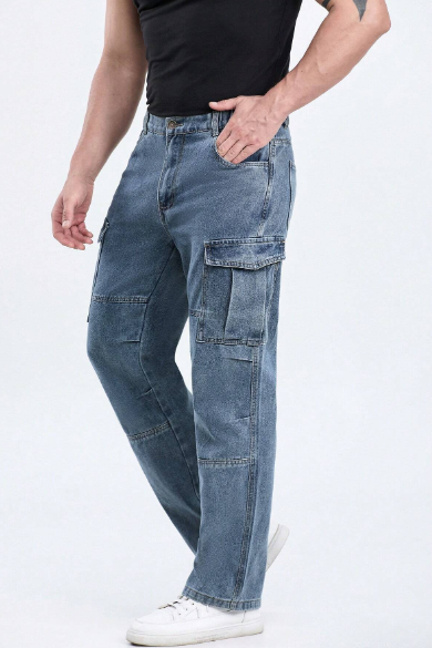Men Cargo Jeans Straight Fit Work Denim Blue Pants With Side Cargo Pockets