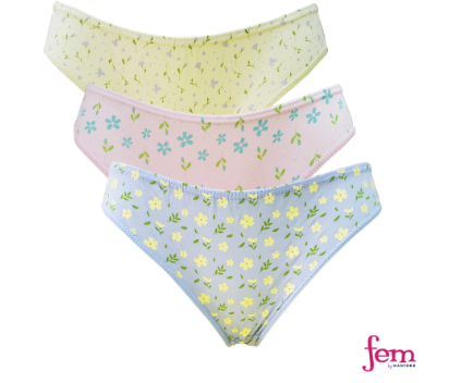 Fem by Hanford Ladies Women Teens Comfy Cotton Bikini Panty Flora - Floral Prints 3in1 Pack